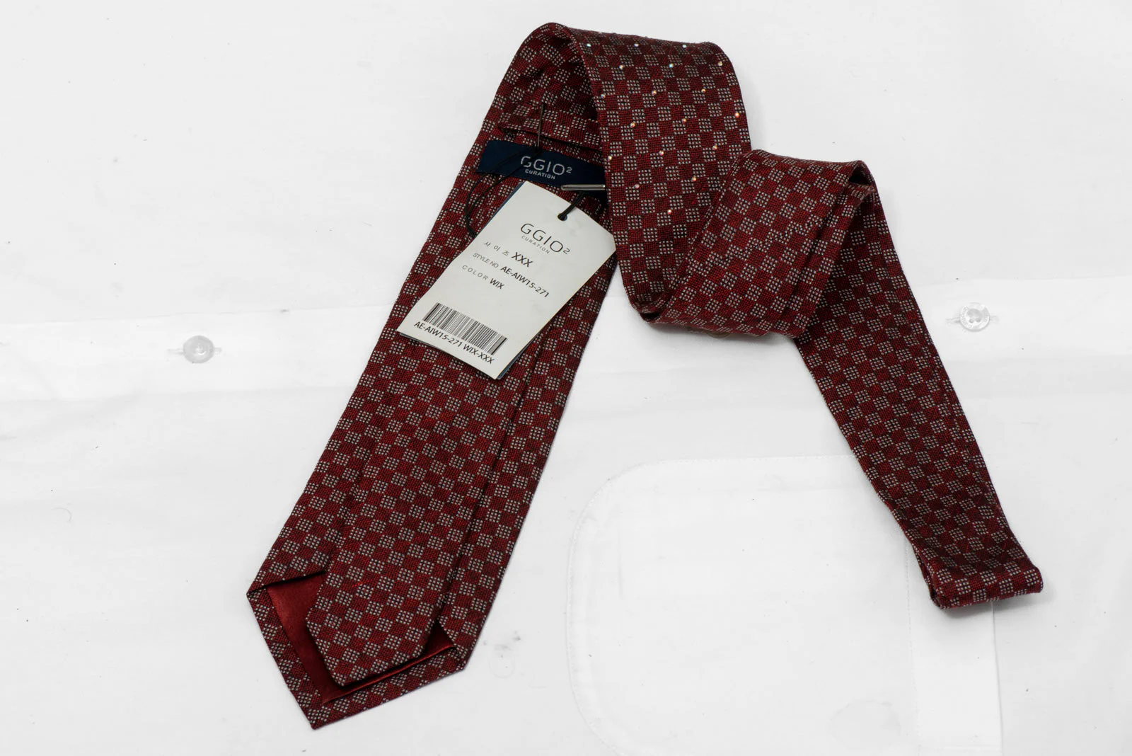 Rhinestone Silk Necktie Burgundy Gray Checkered with Crystal AB Sparkle - Image 3