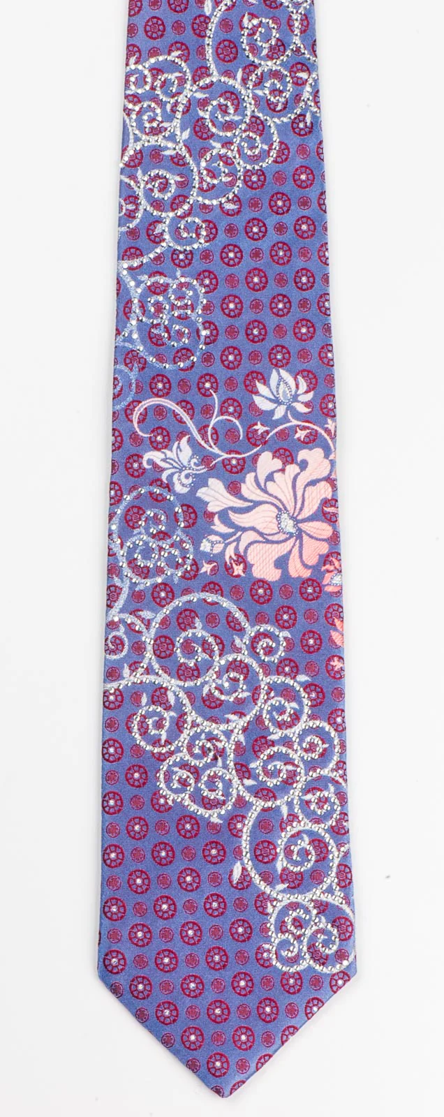 Rhinestone Silk Necktie By Elle Homme Artistic Silver & Floral Design On Purple - Image 5