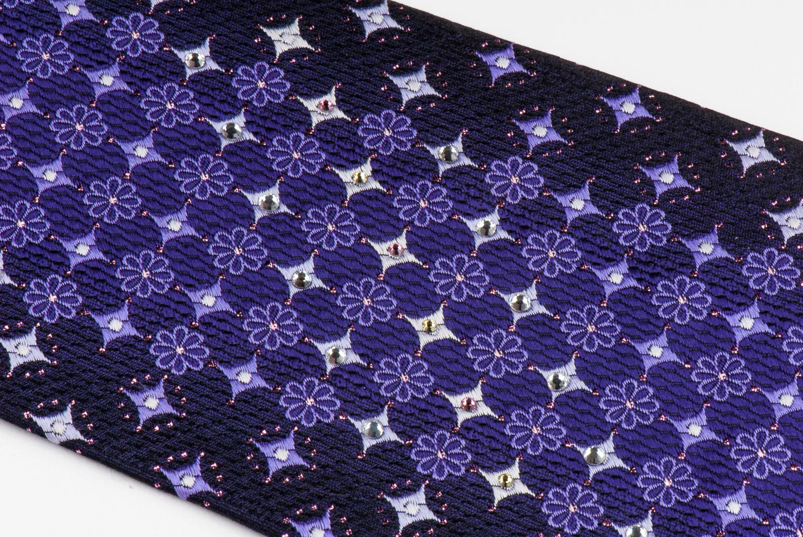 Rhinestone Silk Necktie By Paco Rabanne Silver Geometric Design On Purple - Image 3