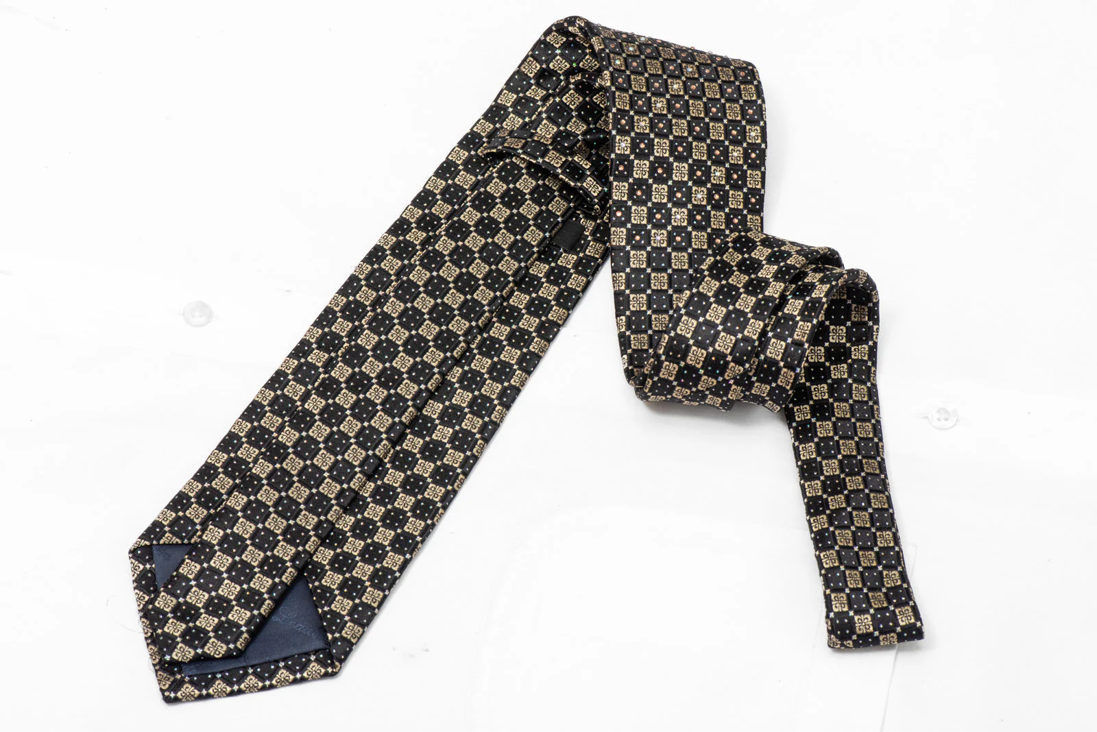 Rhinestone Silk Necktie - Gold Black Crystal Checkered Design - Image 3