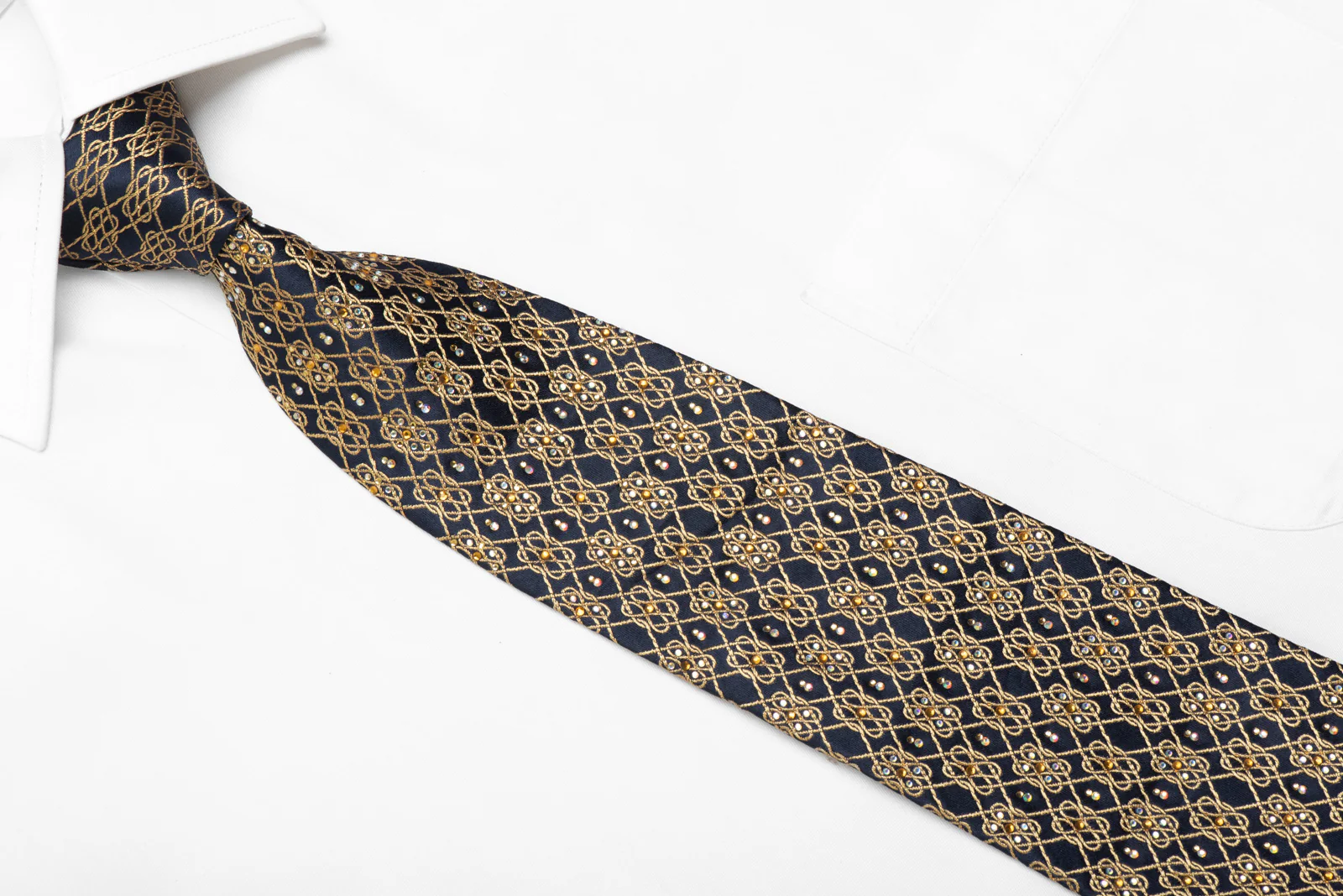 Rhinestone Silk Necktie Gold Interlocking Chains On Navy With Gold Sparkles - Image 2
