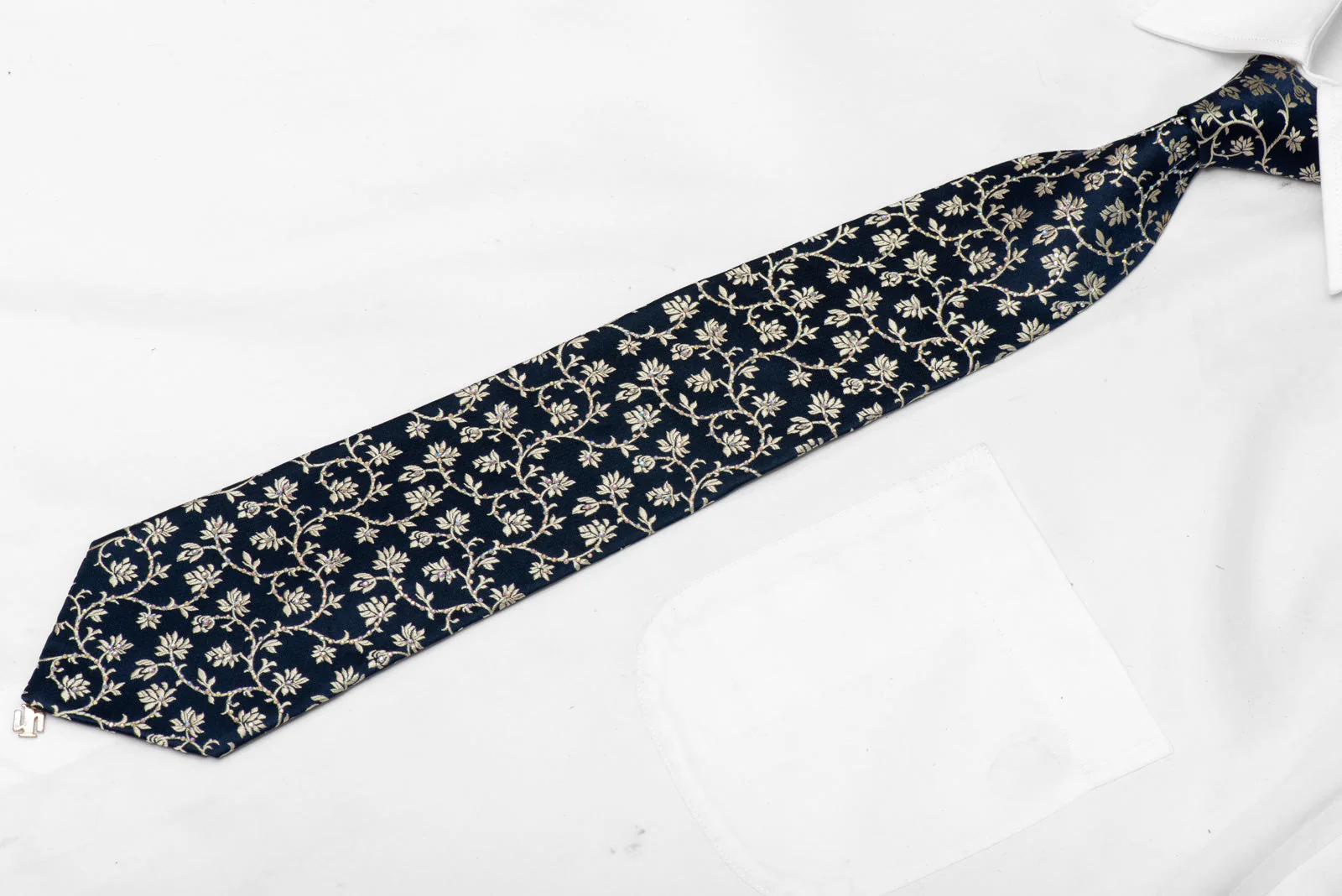 Rhinestone Silk Necktie Gold Vines On Navy - Image 2