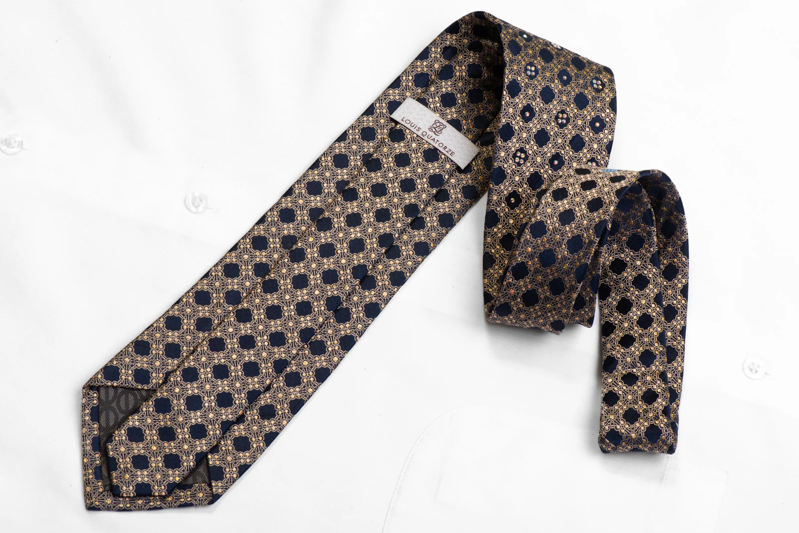 Rhinestone Silk Necktie Ornate Gold Design On Navy Gold Sparkles - Image 4