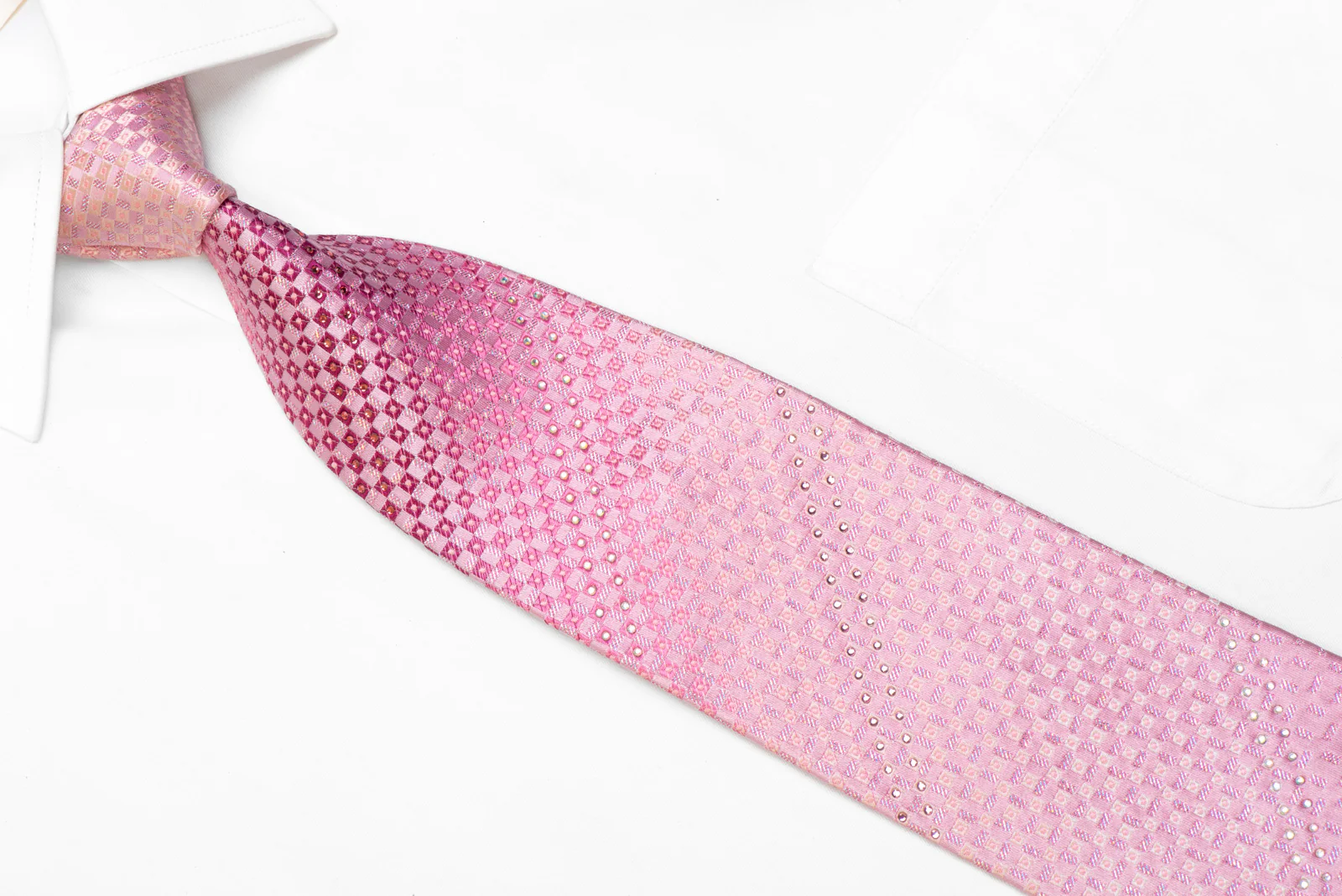 Rhinestone Silk Necktie Pink Checkered With Silver Sparkles - Image 2