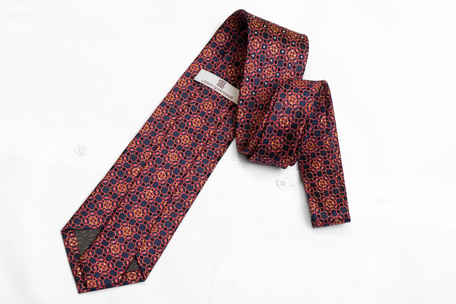 Rhinestone Silk Necktie Pink Interlocking On Navy Blue With Gold Sparkles - Image 4