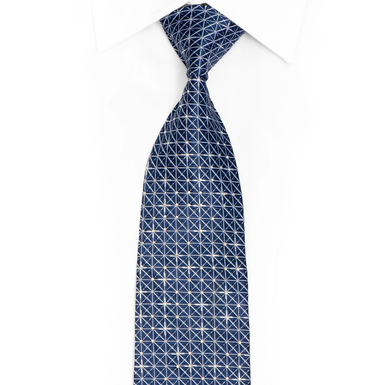 Rhinestone Silk Necktie - Silver Navy Geometric StarTrellis