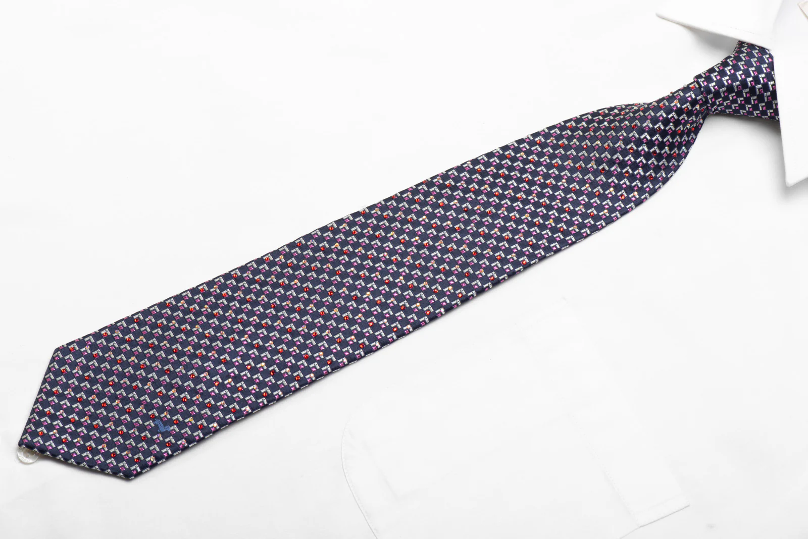 Rhinestone Silk Necktie Silver Pink Geometric On Navy With Purple Sparkles - Image 3