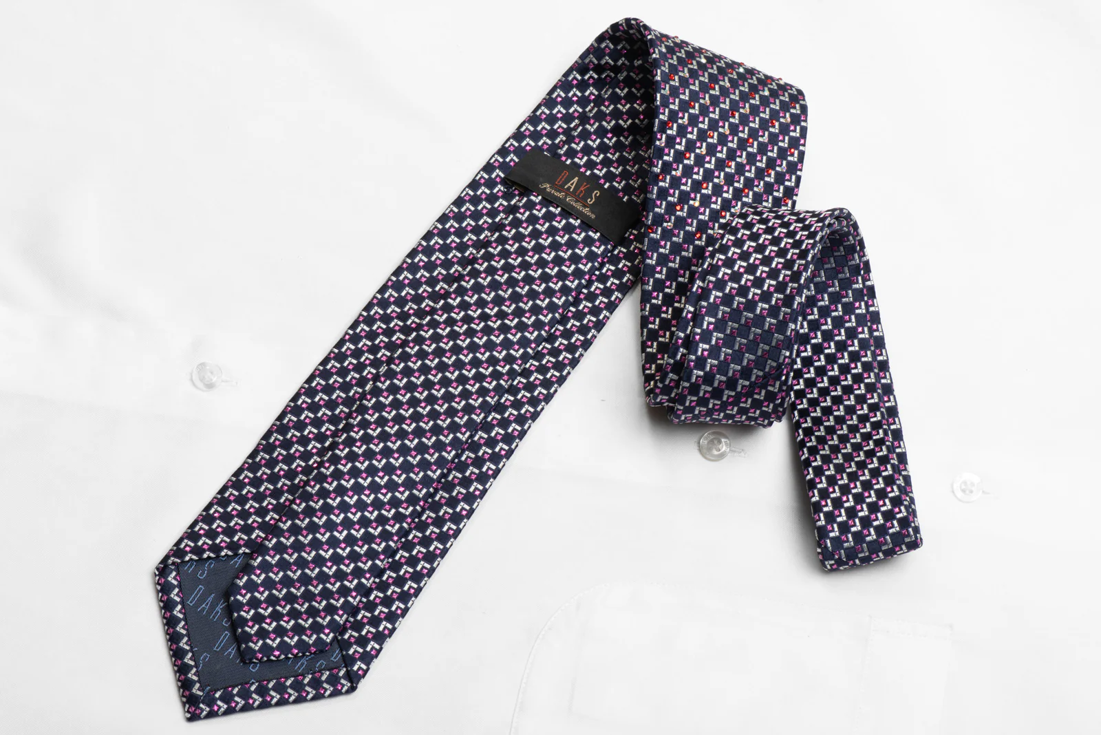 Rhinestone Silk Necktie Silver Pink Geometric On Navy With Purple Sparkles - Image 4