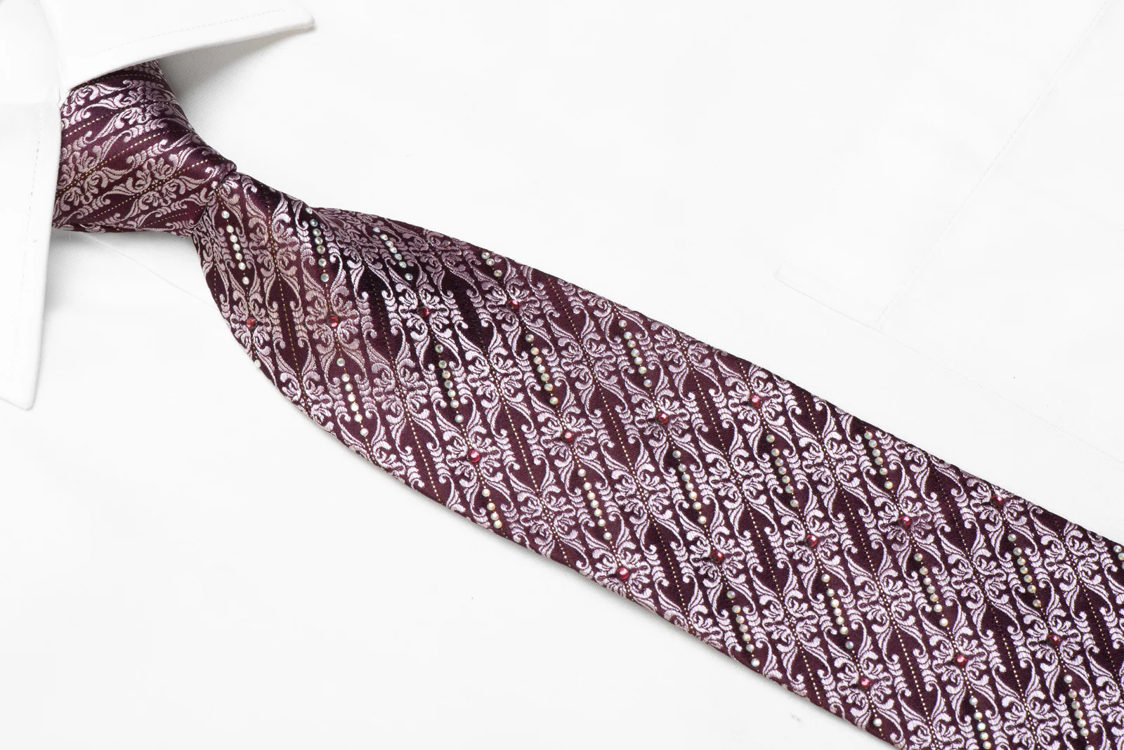 Rhinestone Silk Tie Cartouche On Burgundy With Silver Sparkles - Image 2