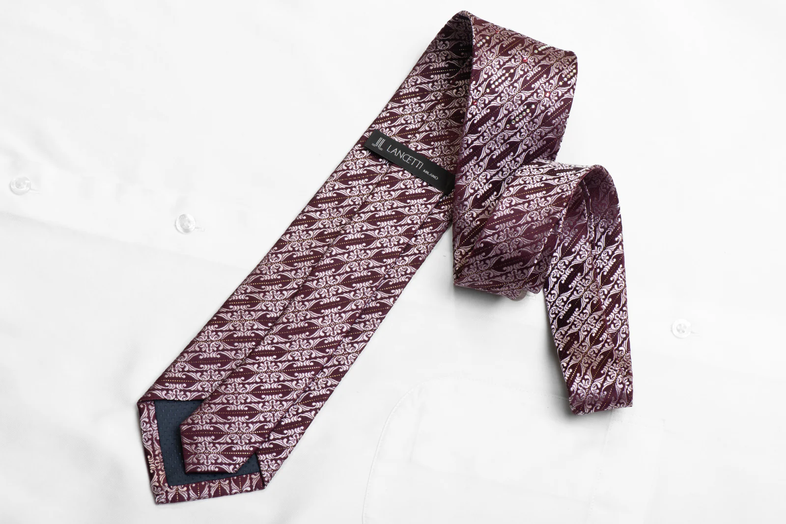 Rhinestone Silk Tie Cartouche On Burgundy With Silver Sparkles - Image 4