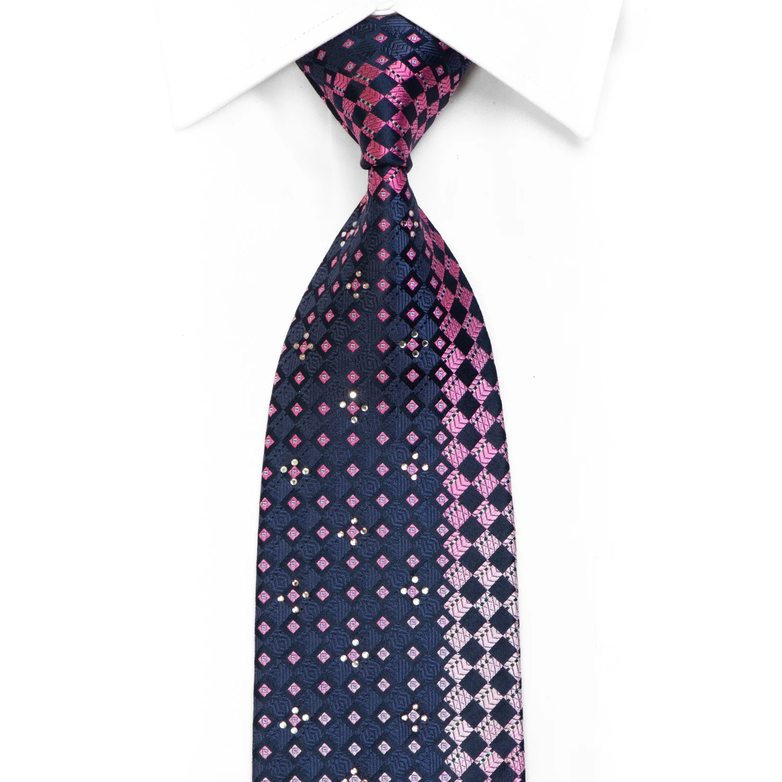 Rhinestone Silk Tie Pink Blue Geometric With Silver Sparkles