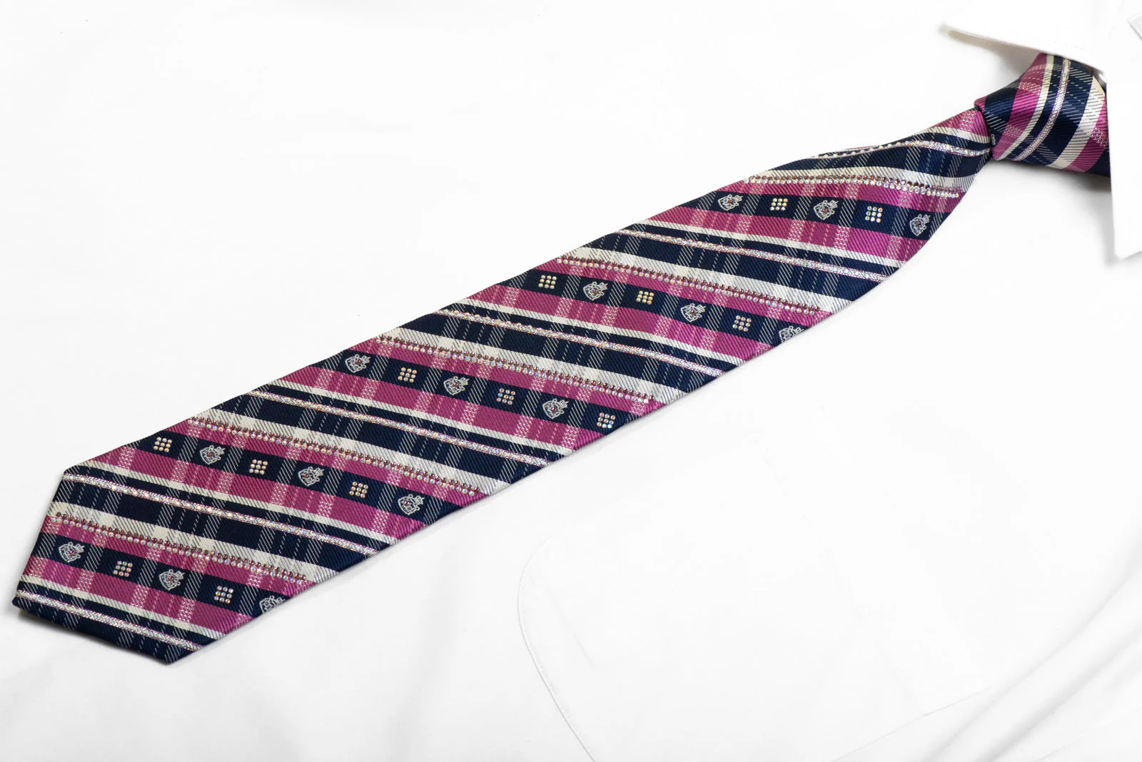Pink Navy Silver Plaid Rhinestone Silk Tie With Silver Sparkles - Image 3