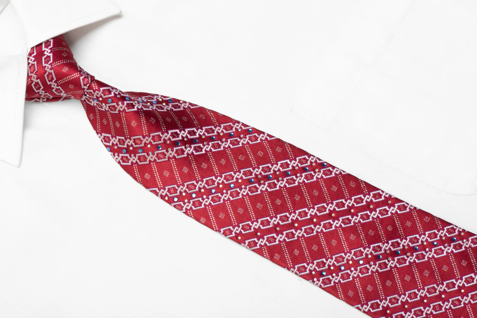 Rhinestone Silk Tie Silver Interlocking Striped Pattern On Red With Sparkles - Image 2