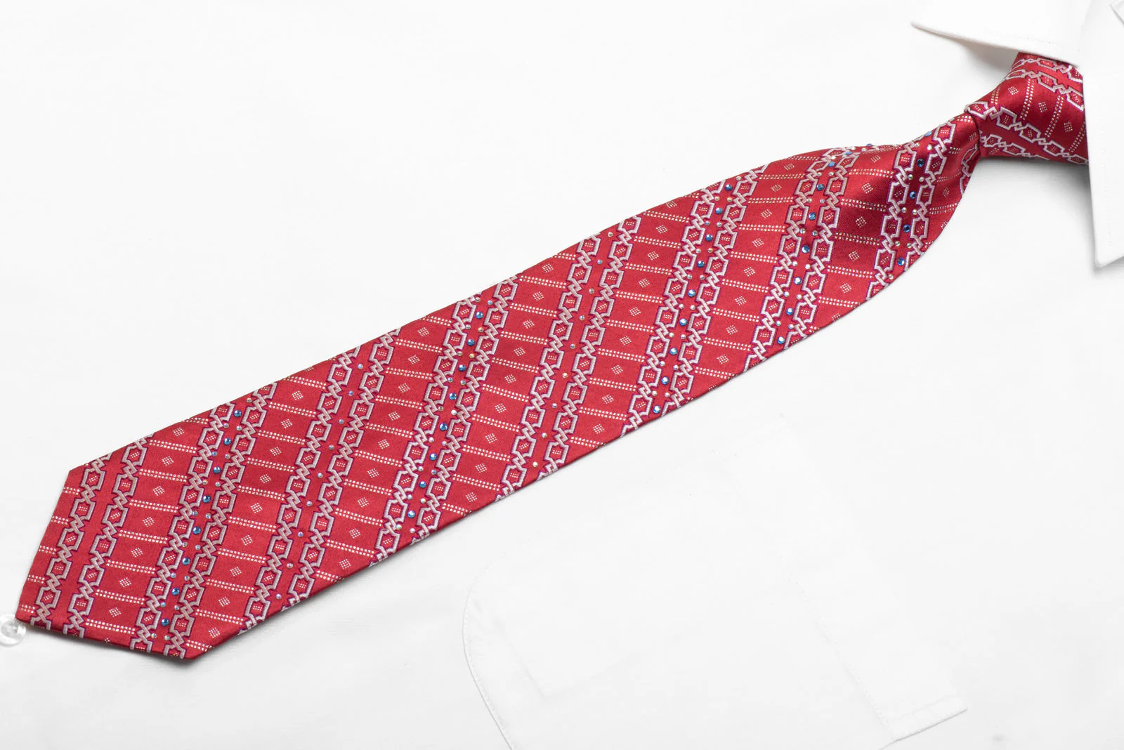 Rhinestone Silk Tie Silver Interlocking Striped Pattern On Red With Sparkles - Image 3
