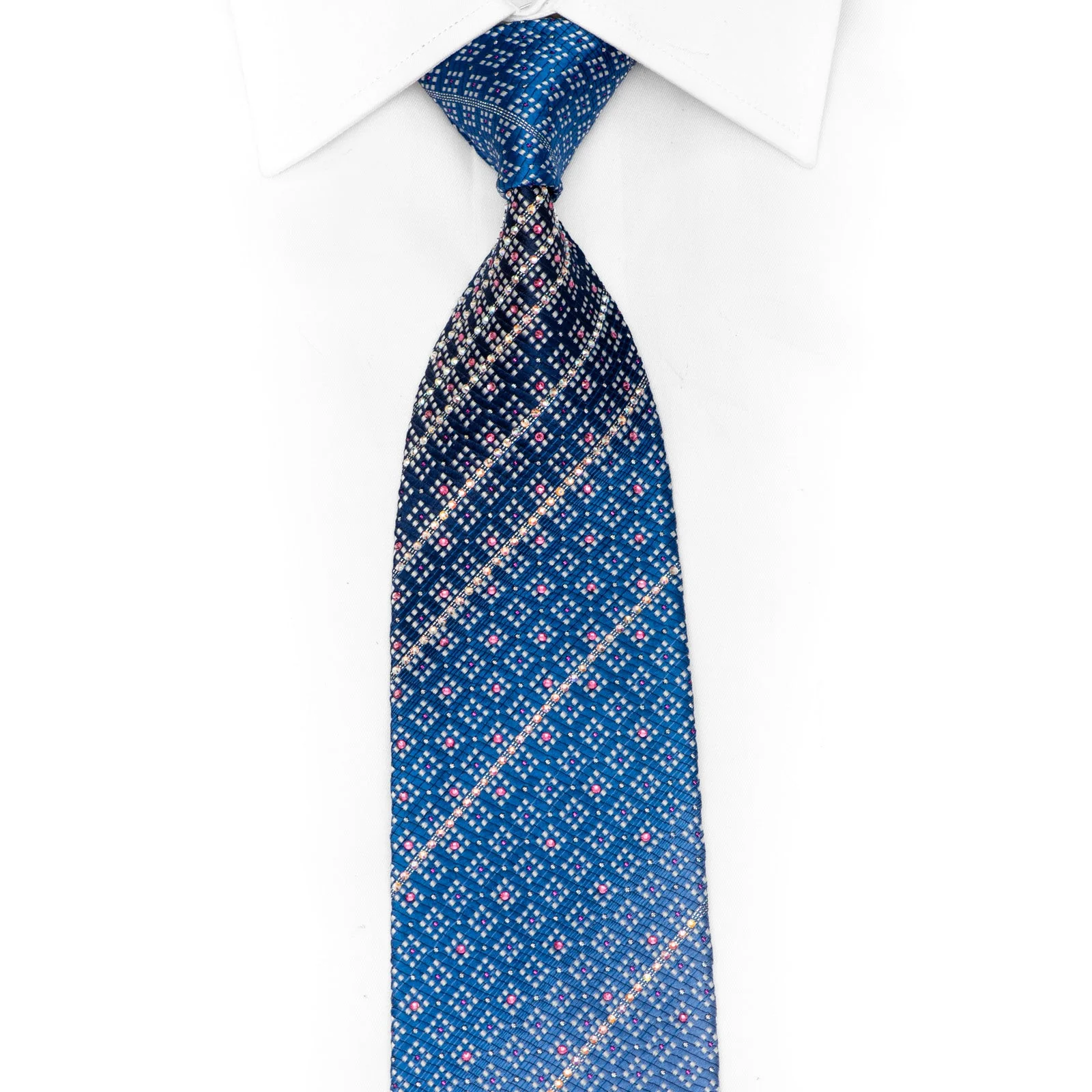 Rhinestone Striped & Silver Micro Checker On Blue Silk Silk Necktie With Sparkles