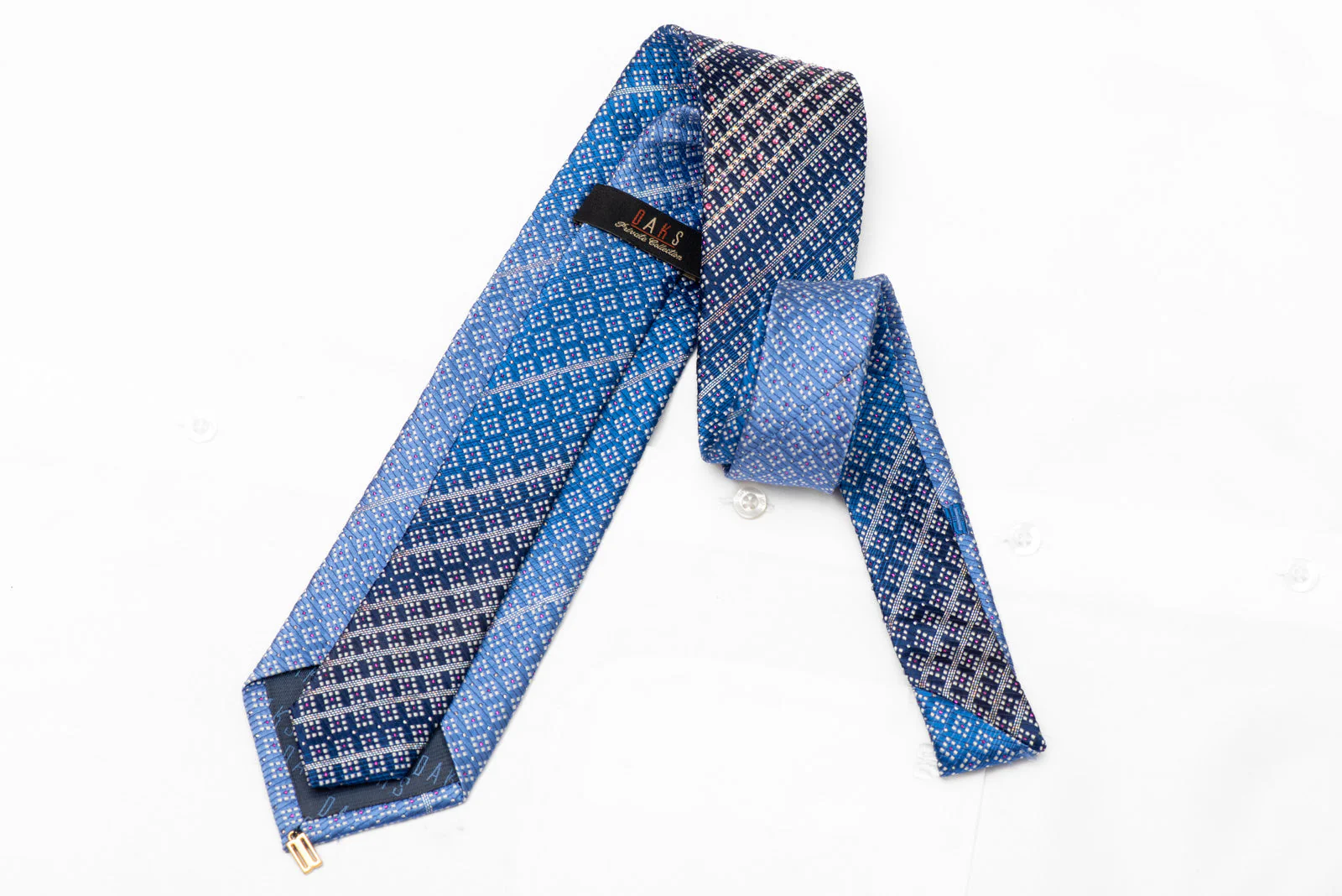Rhinestone Striped & Silver Micro Checker On Blue Silk Silk Necktie With Sparkles - Image 3