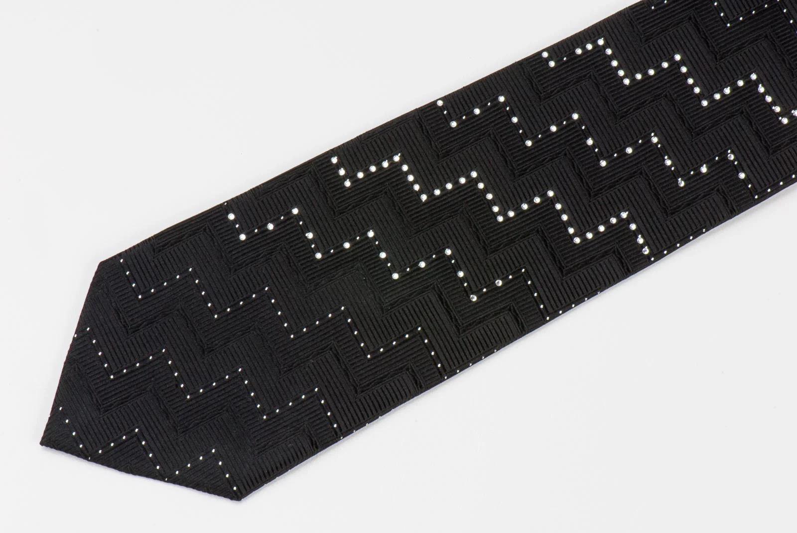 Rhinestone Tie By Arnaldo Bassini Zig Zags On Black Silk With Silver Sparkles - Image 3