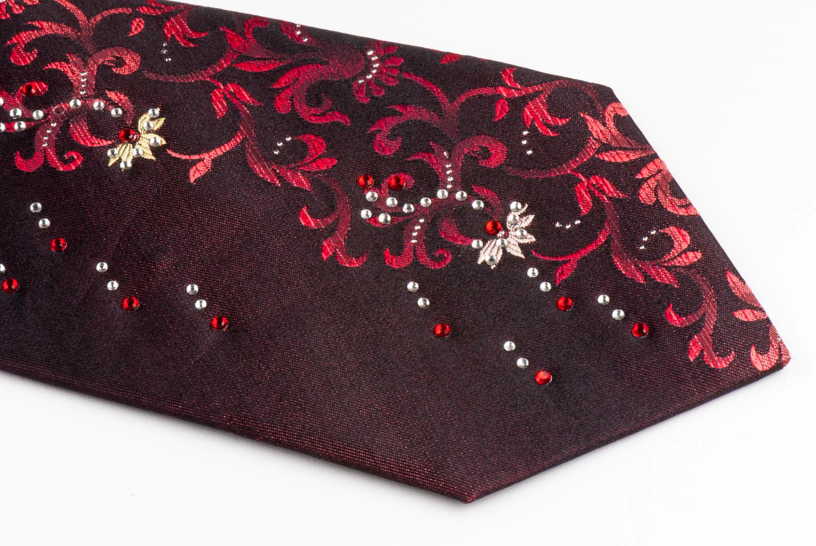 Rhinestone Tie By Grang Cia Red Floral Design On Brown Silk Classic 3 1/2 Inch - Image 3