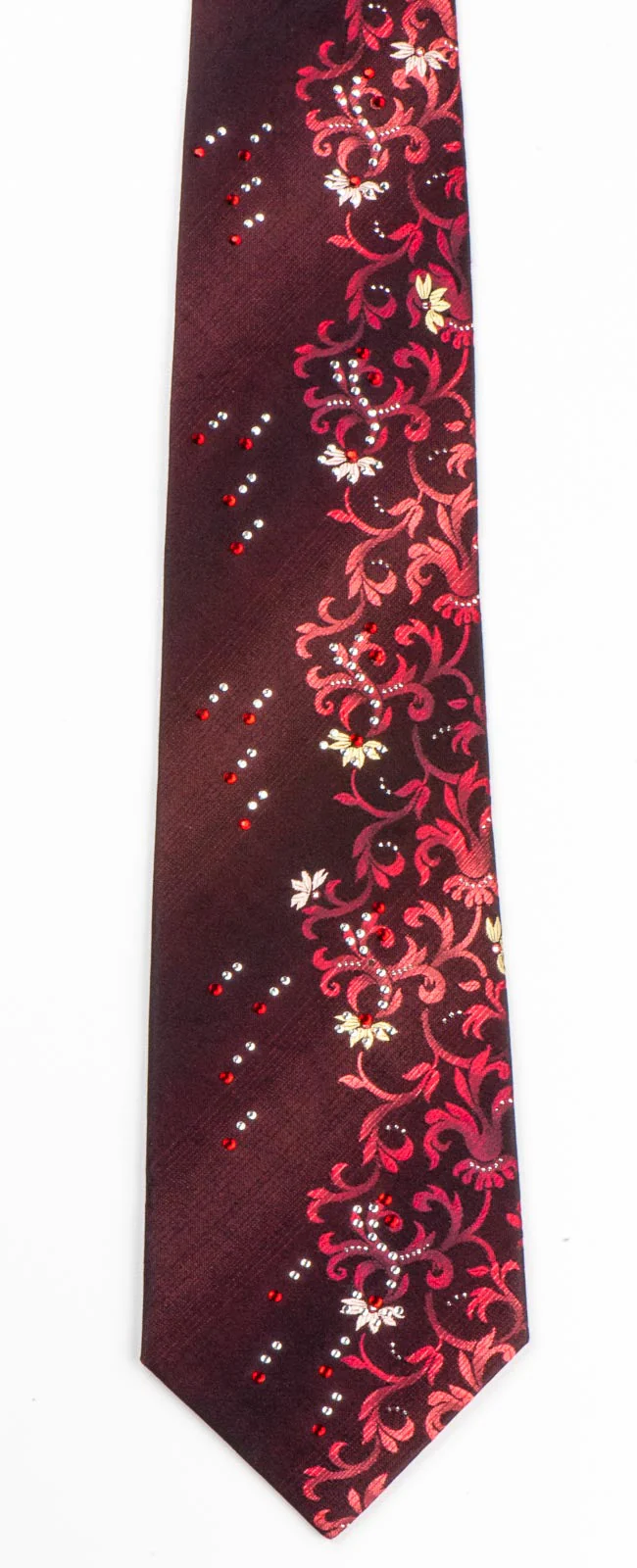 Rhinestone Tie By Grang Cia Red Floral Design On Brown Silk Classic 3 1/2 Inch - Image 5