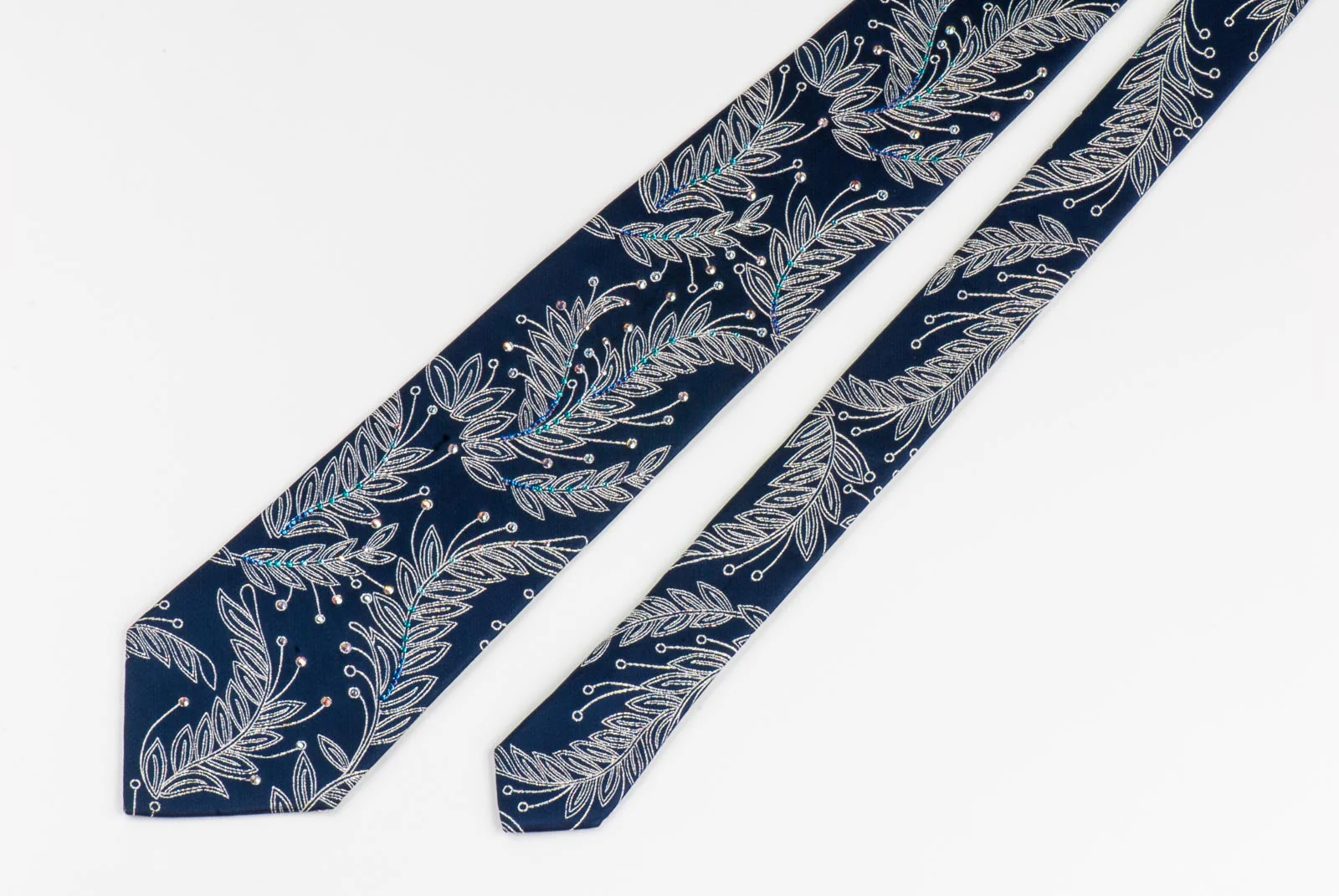 Floral On Navy Blue Rhinestone Silk Tie With Silver Sparkles - Image 2