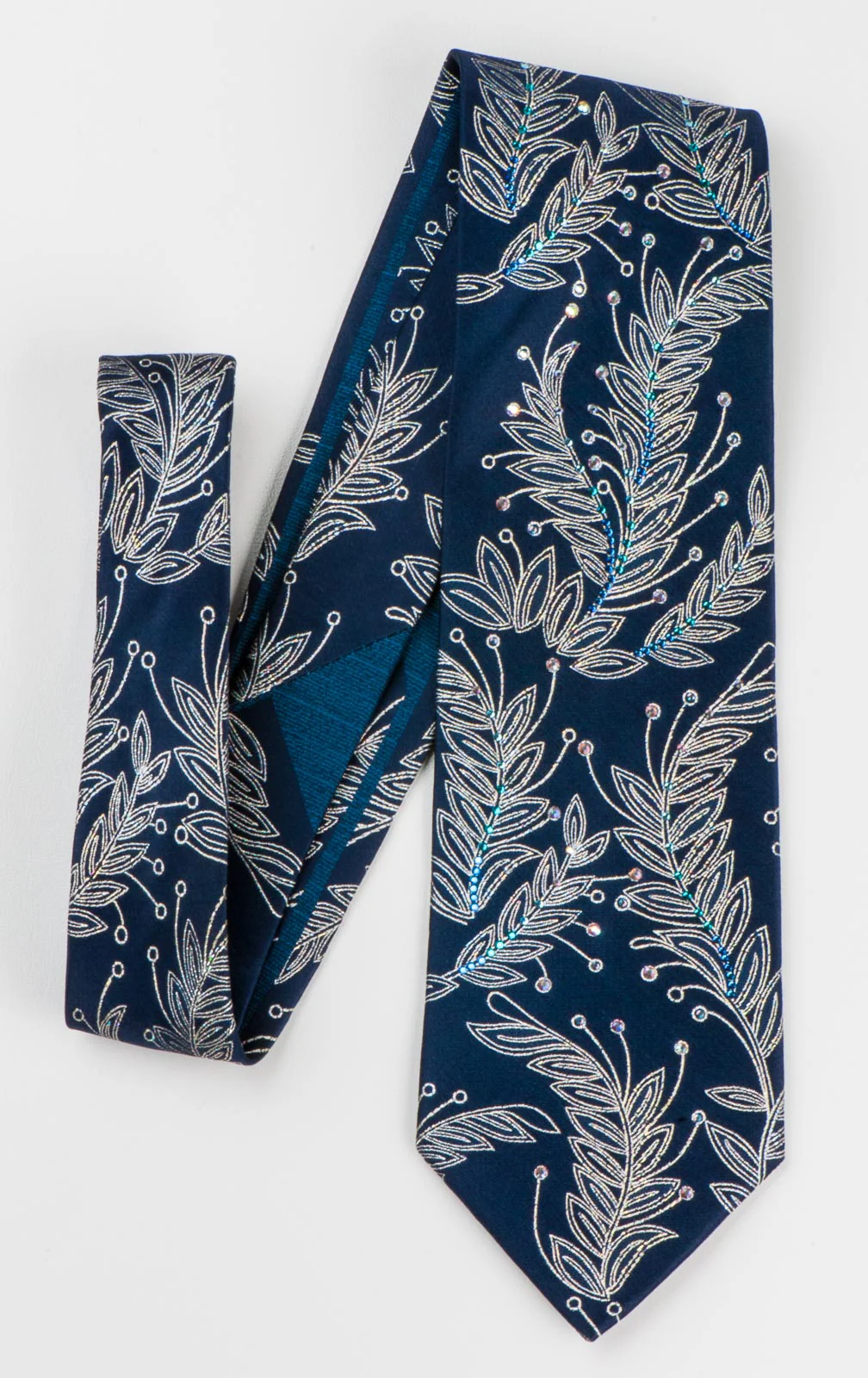 Floral On Navy Blue Rhinestone Silk Tie With Silver Sparkles - Image 4
