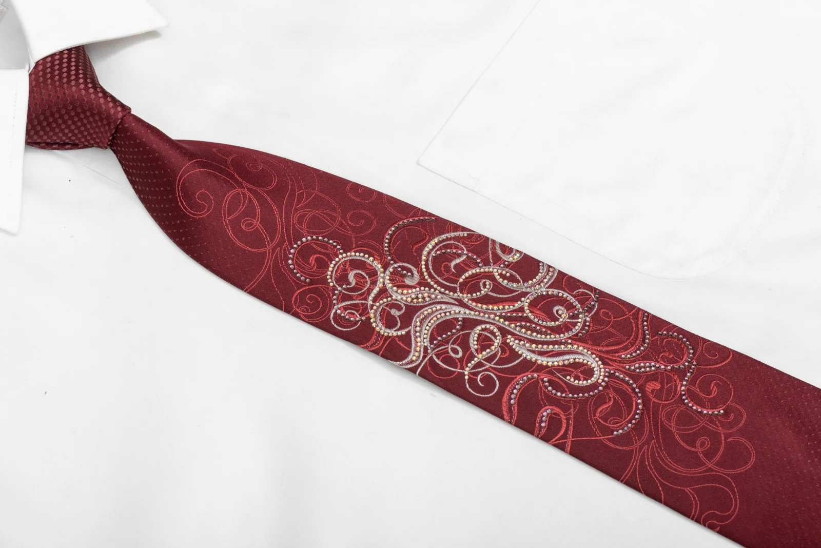 Silver Scrolls On Burgundy Rhinestone Silk Necktie With Sparkles - Image 2