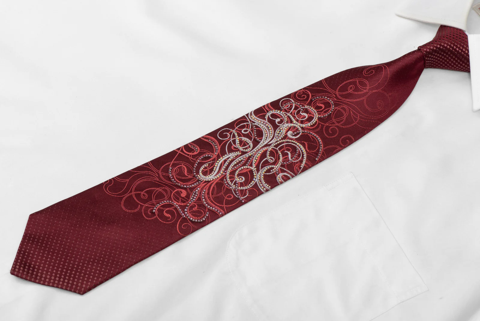 Silver Scrolls On Burgundy Rhinestone Silk Necktie With Sparkles - Image 3