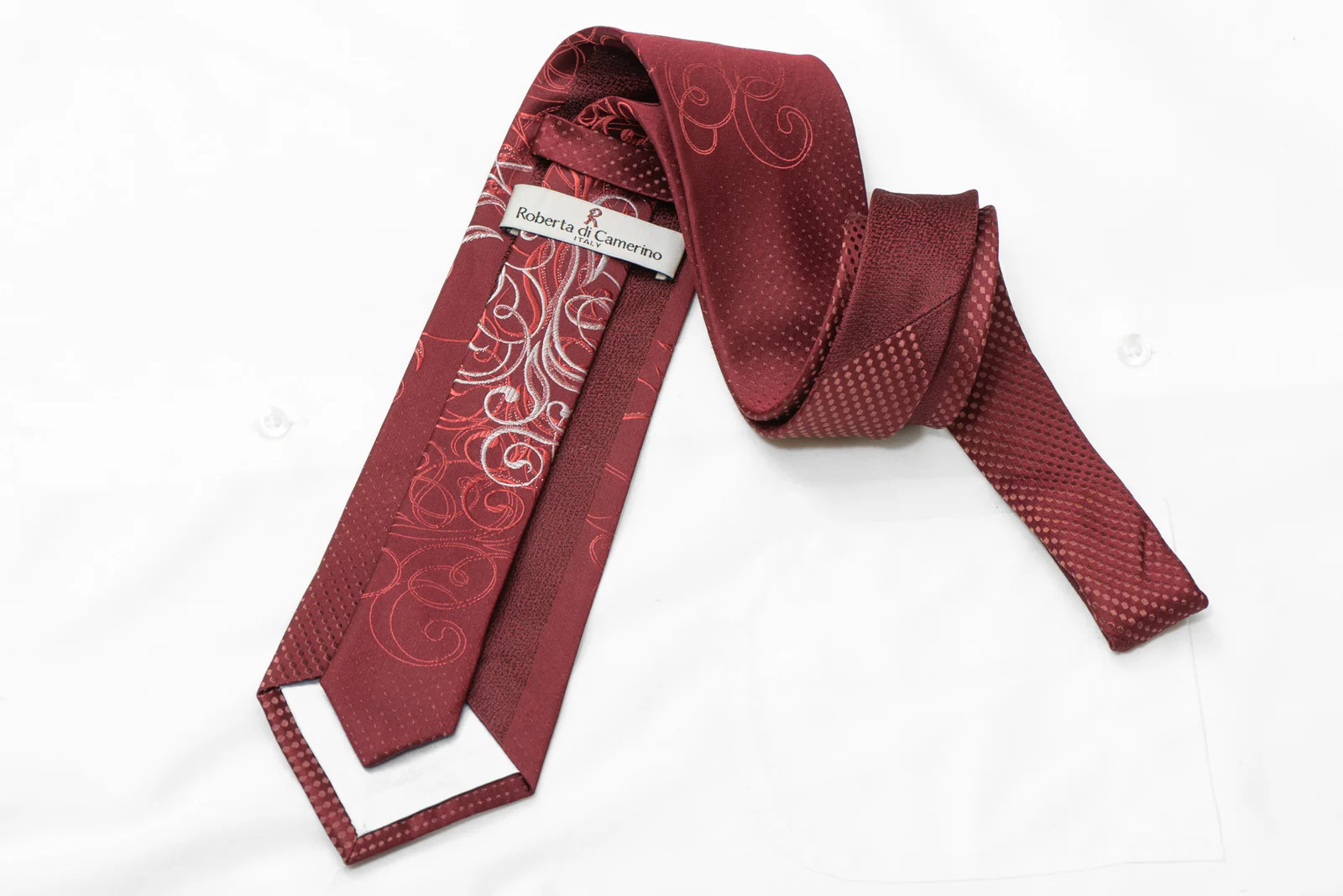 Silver Scrolls On Burgundy Rhinestone Silk Necktie With Sparkles - Image 4