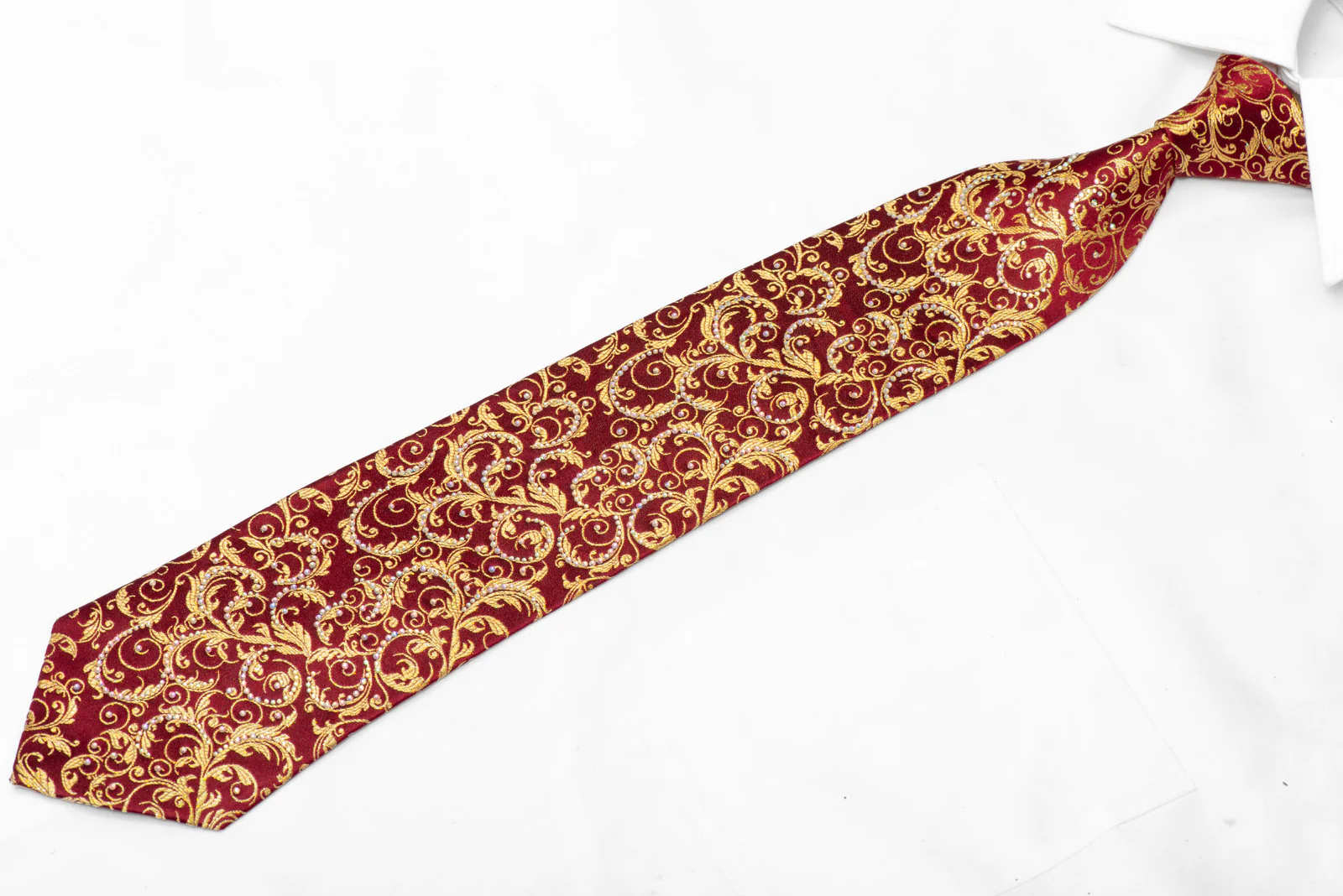 Gold Acanthus On Burgundy Rhinestone Silk Necktie With Gold Sparkles - Image 3