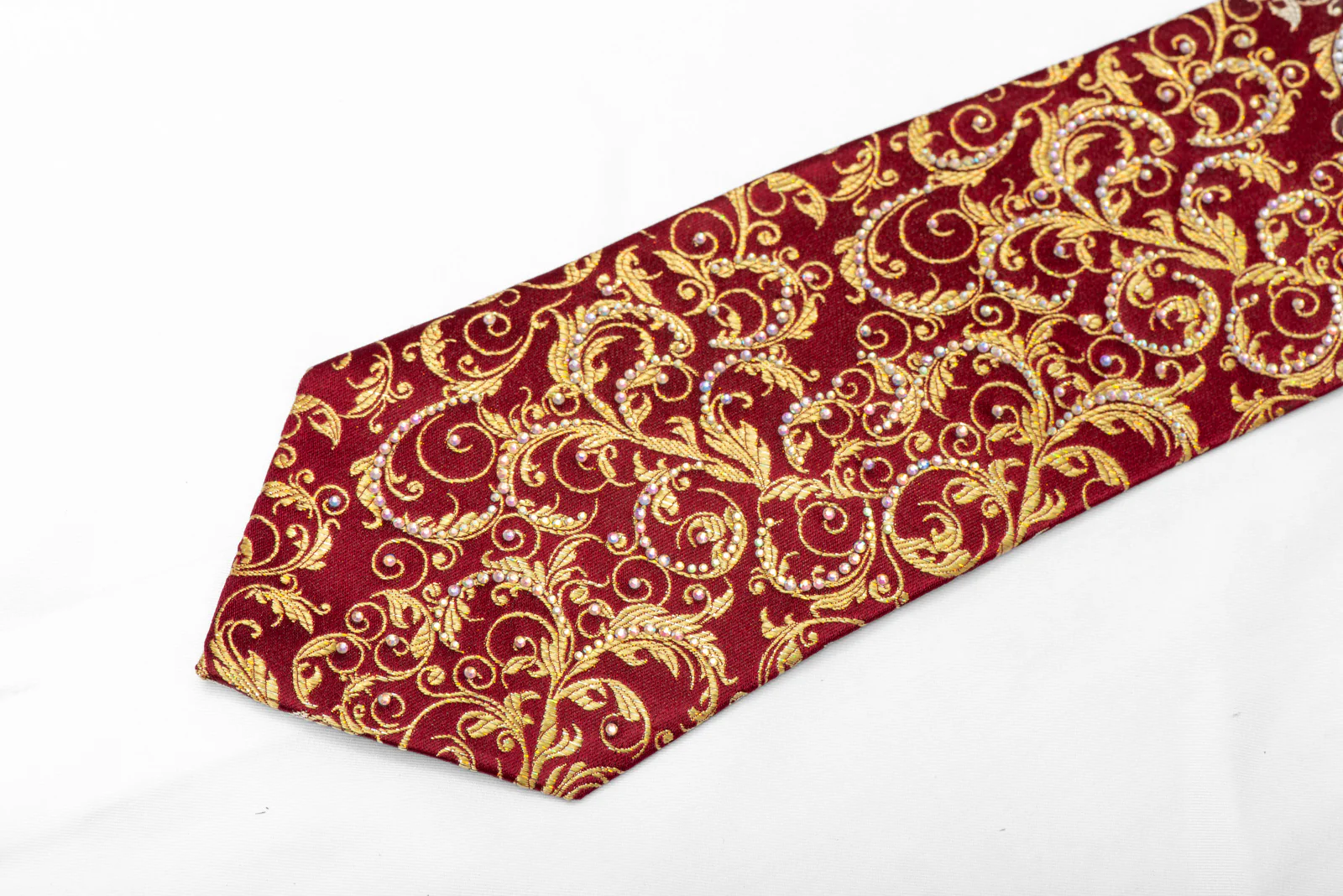 Gold Acanthus On Burgundy Rhinestone Silk Necktie With Gold Sparkles - Image 4
