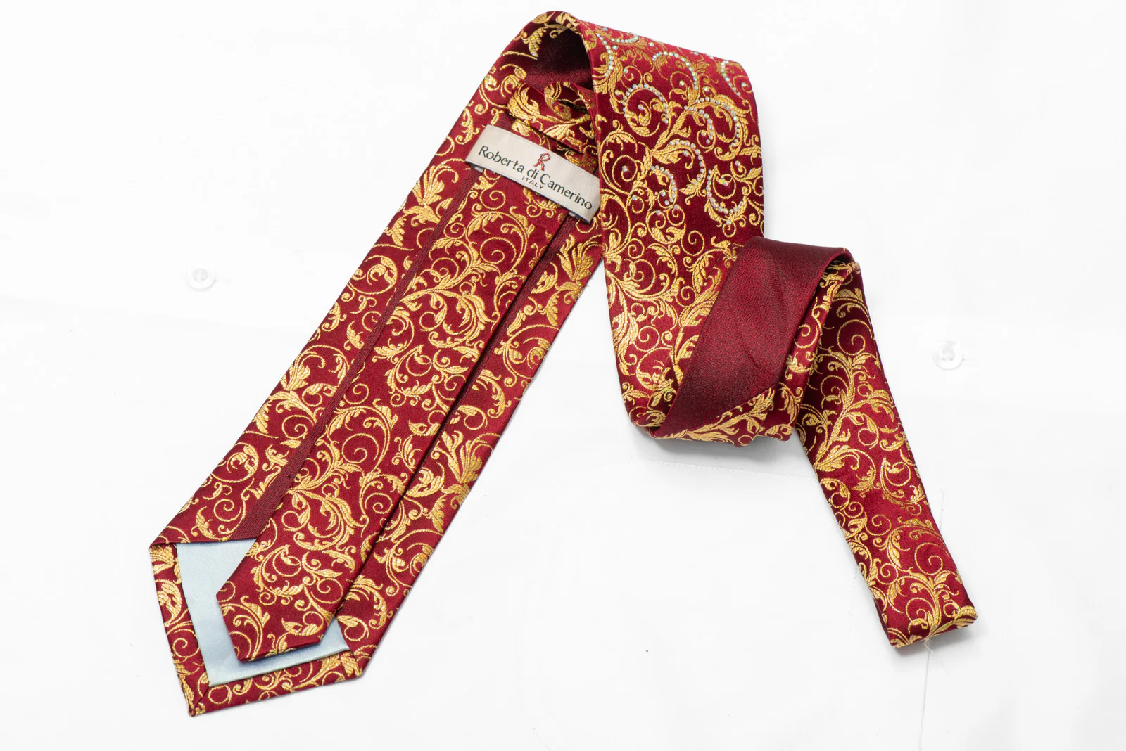 Gold Acanthus On Burgundy Rhinestone Silk Necktie With Gold Sparkles - Image 5