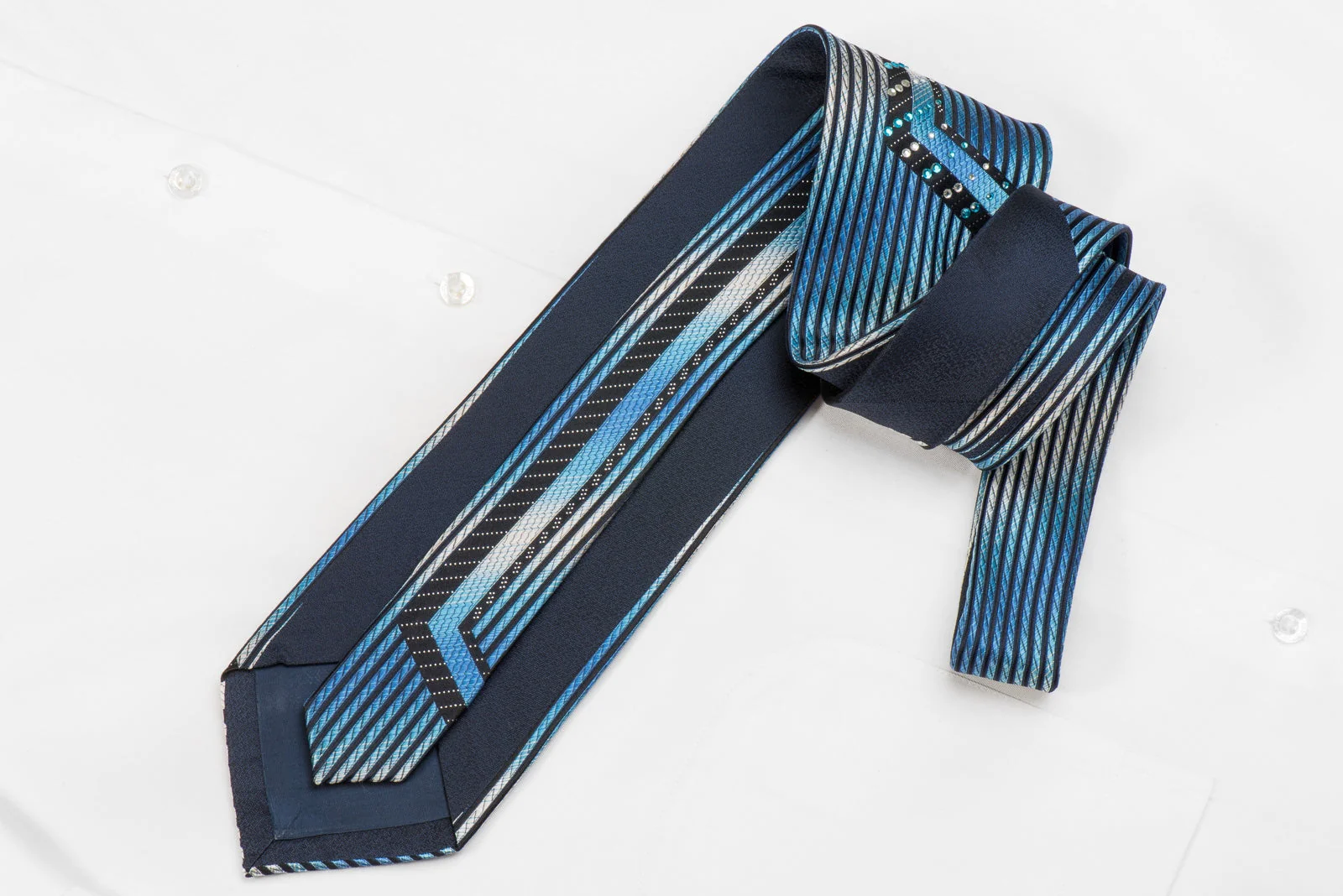 Roberta di Camerino Men's Crystal Sild Tie Blue Vertical Stripes On Black With Silver Sparkles - Image 4