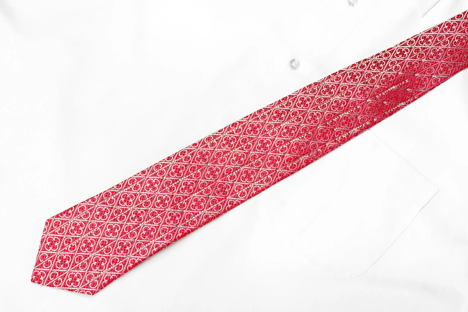 Roberta di Camerino Men's Crystal Silk Tie Silver Cartouche On Red With Silver Sparkles - Image 6