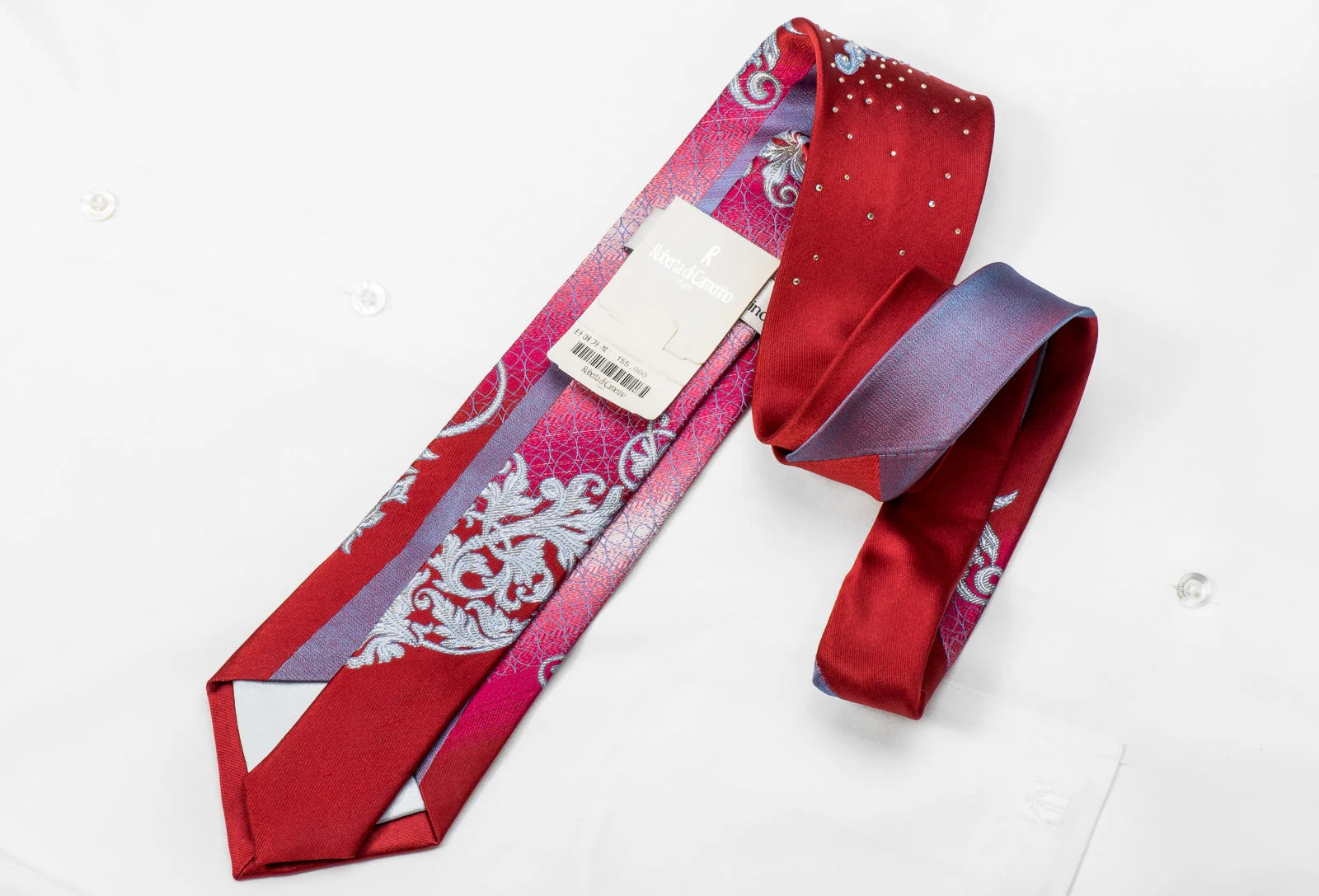 Roberta di Camerino Men's Crystal Tie Silver Acanthus On Red Silk With Silver Sparkles - Image 5