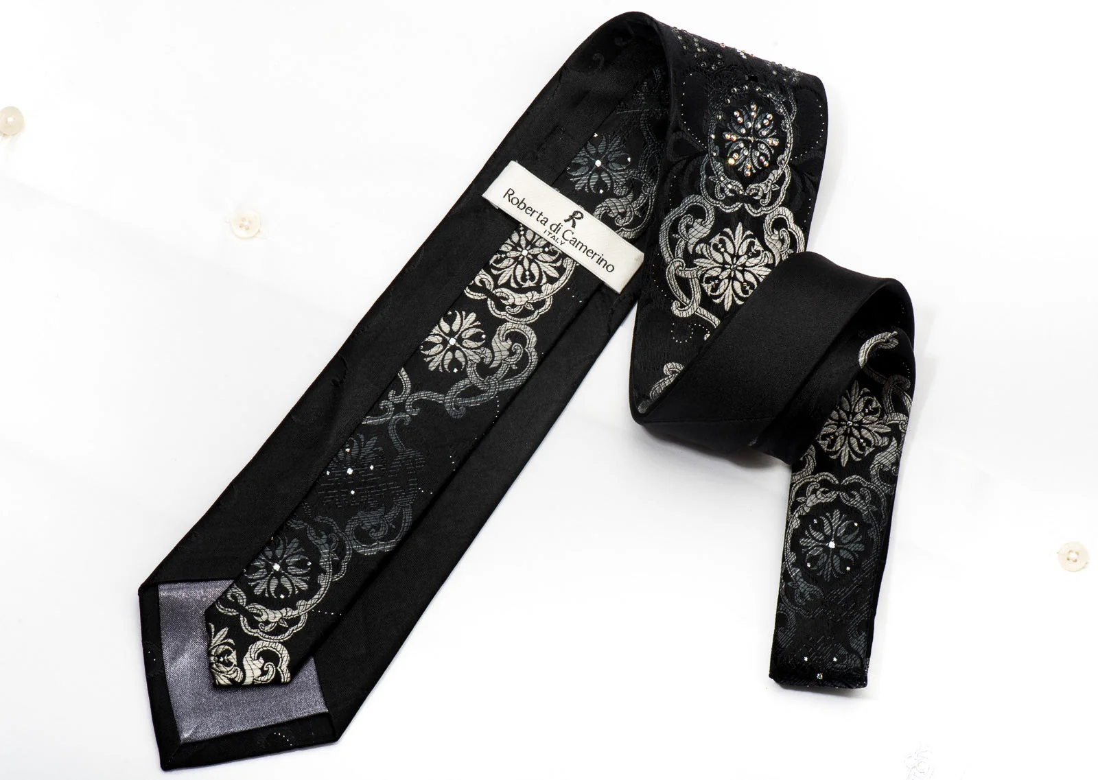 Roberta di Camerino Men's Silk Necktie Silver Damask On Black Sparkling With Rhinestones - Image 5