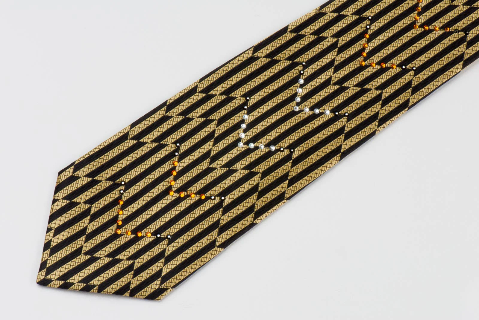 Roberta-di-Camerino Men's Silk Rhinestone Necktie Gold Brown Zig Zag Stripes - Image 6