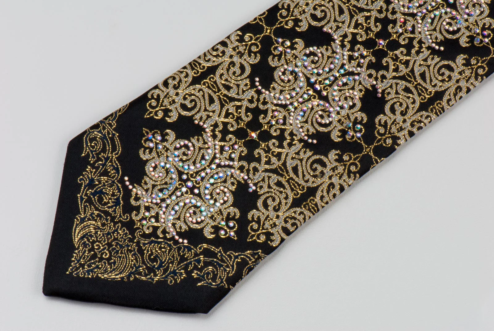 Men's Silk Rhinestone Tie Golden Damask On Black - Image 3