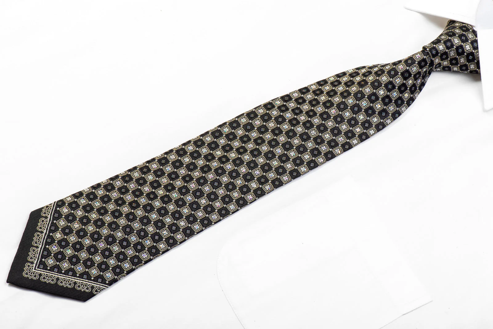 Roberta di Camerino Men's Silk Tie Silver Black Checkered With Silver Sparkles - Image 4