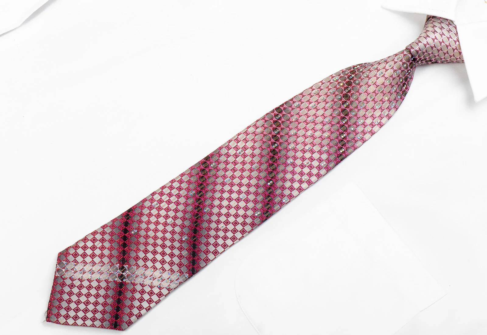 Roberta di Camerino Mens Silk Necktie Burgundy Silver Checkered With Silver Sparkles - Image 4