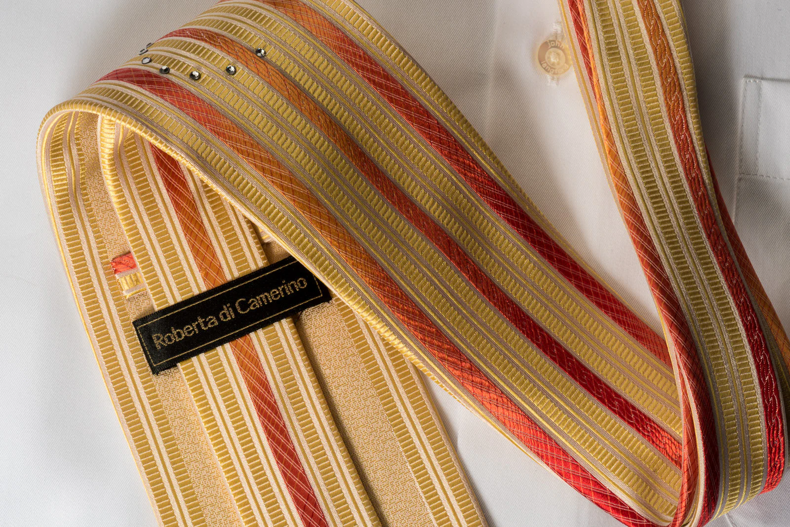 Roberta di Camerino Rhinestone Necktie Orange Yellow White Striped - Image 5