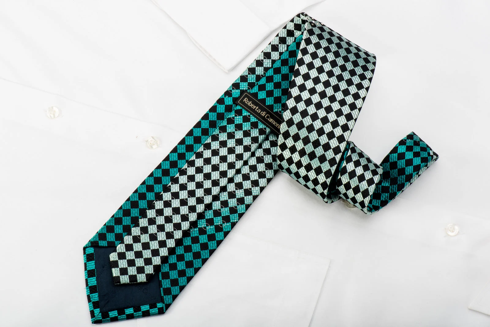 Roberta di Camerino Mens Rhinestone Necktie Turquoise Black Checker With Sparkles - Image 4