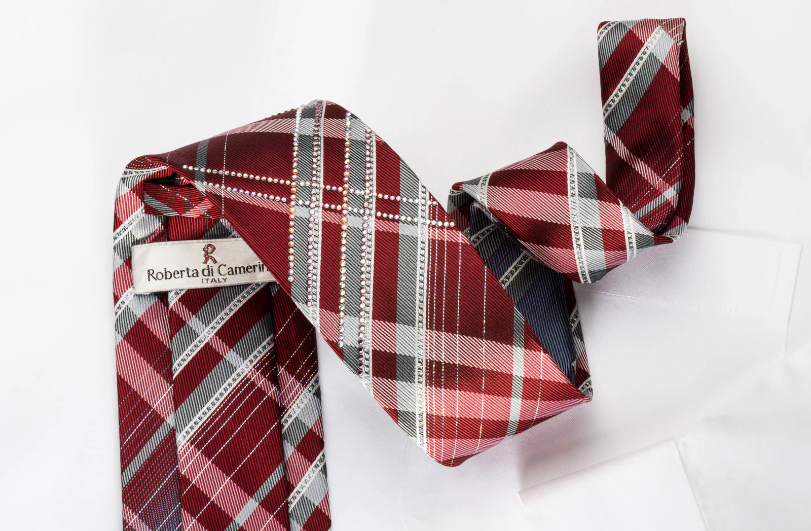 Roberta di Camerino Rhinestone Silk Necktie Burgundy Silver Plaid With Sparkles - Image 3