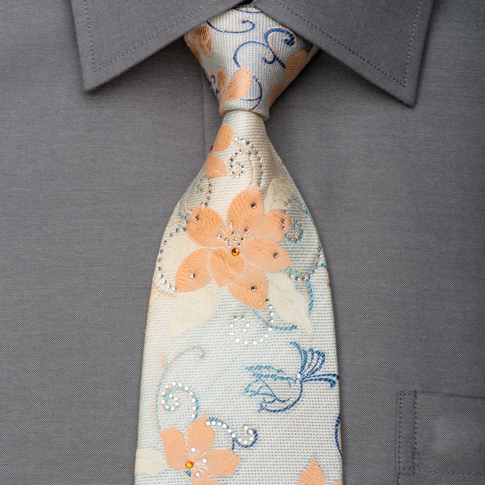 Roberta di Camerino Rhinestone Silk Necktie Peach Blue Floral On Silver With Sparkles