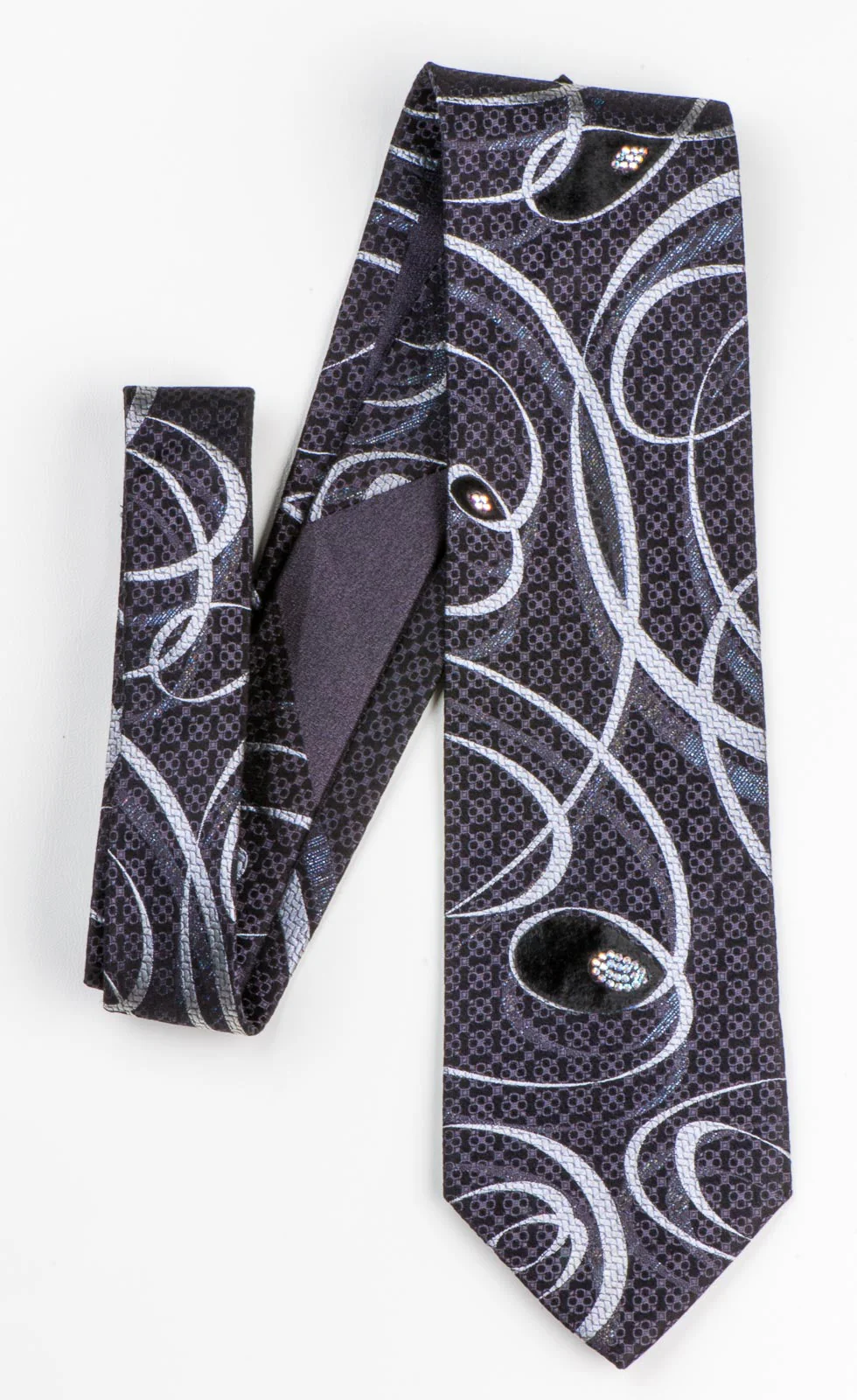 Roberta di Camerino Rhinestone Silk Necktie Silver Curls & Trellis On Black - Image 4
