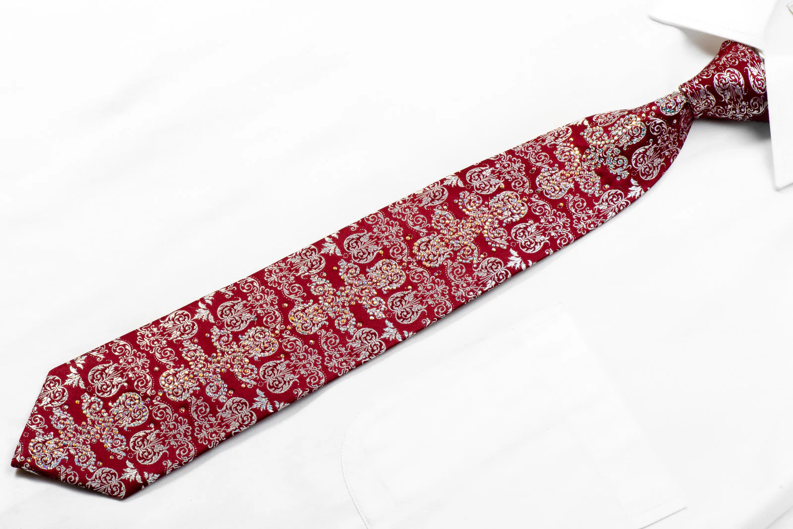 Silver Damask On Burgundy With Sparkles Rhinestone Silk Necktie - Image 4