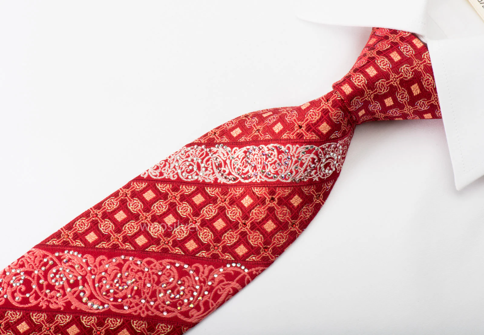 Rhinestone Silk Necktie Trellis Filigree On Red With Silver Sparkles - Image 3