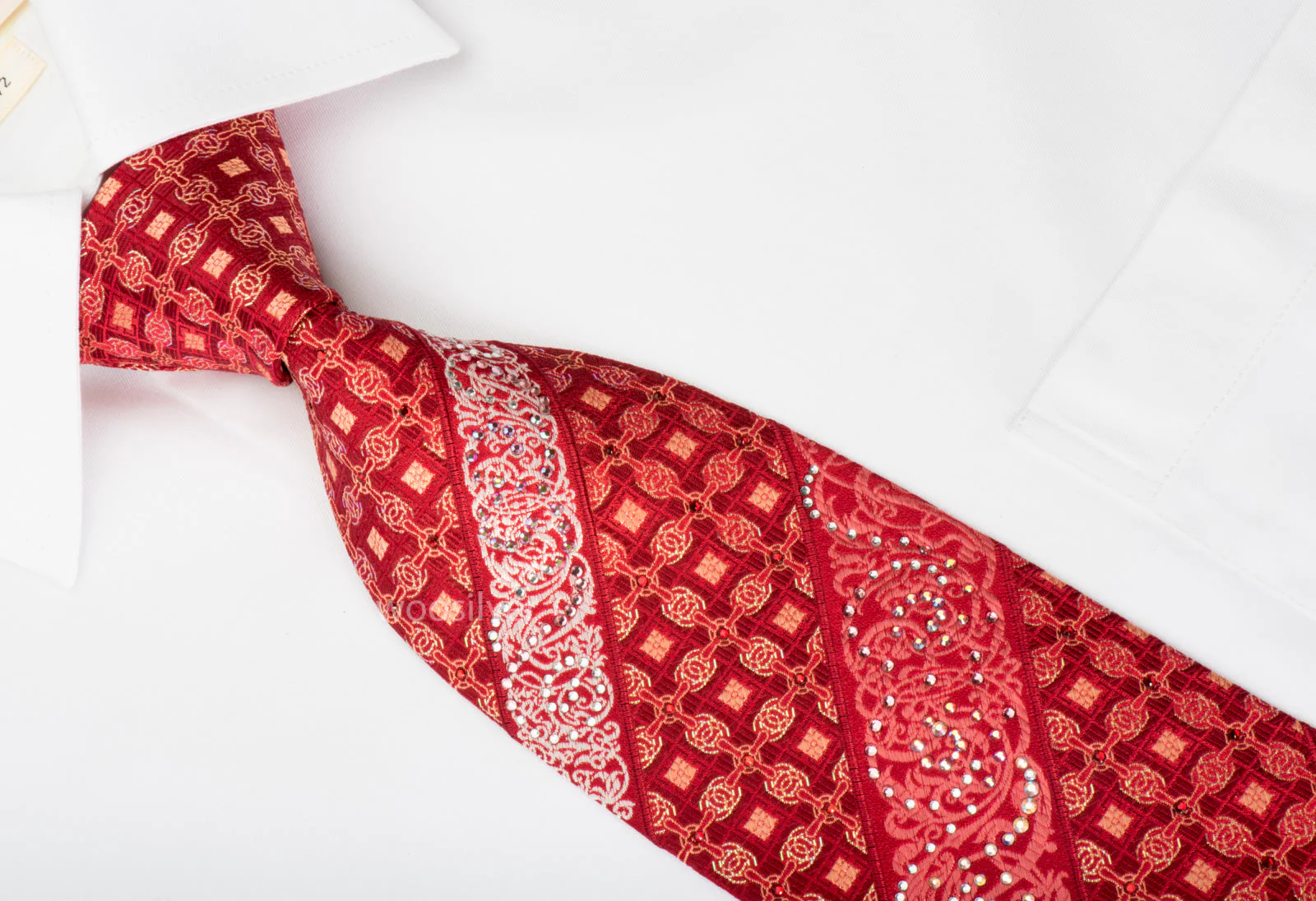 Rhinestone Silk Necktie Trellis Filigree On Red With Silver Sparkles - Image 4