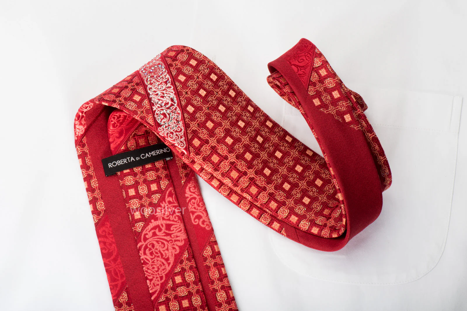 Rhinestone Silk Necktie Trellis Filigree On Red With Silver Sparkles - Image 5
