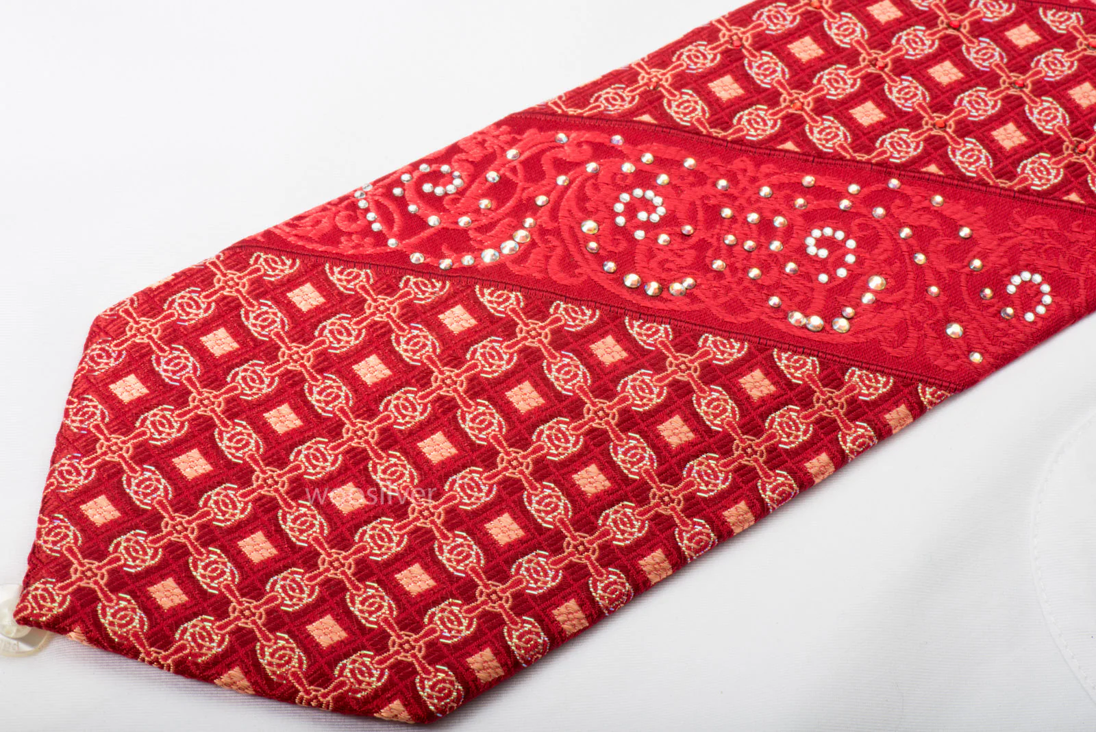 Rhinestone Silk Necktie Trellis Filigree On Red With Silver Sparkles - Image 6