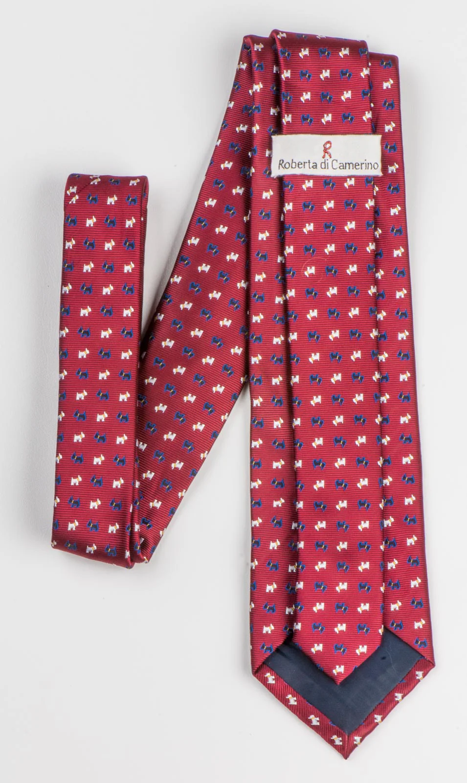 Roberta di Camerino Silk Neck Tie Blue & White Scotty Dogs On Burgundy 3 Inch - Image 2